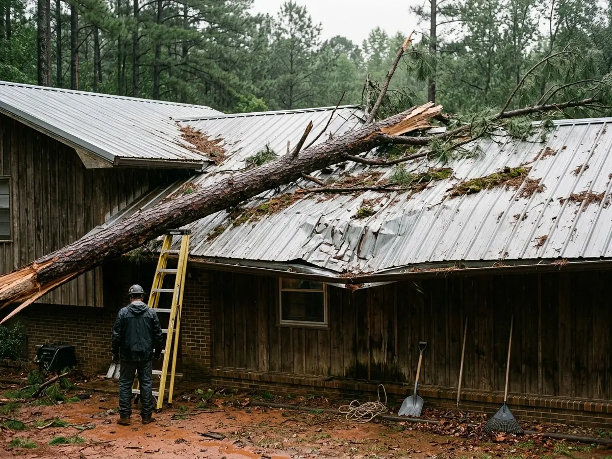 Fallen pine limb resting across a creased silver metal roof on a split-level house, needles and broken branches scattered over the panels