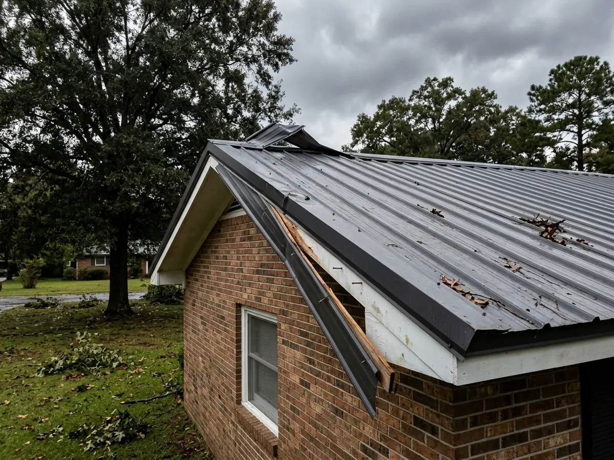 Ribbed metal roof on a brick ranch with a section of ridge cap and rake trim peeled up and bent back by wind, loose screws visible along the edge