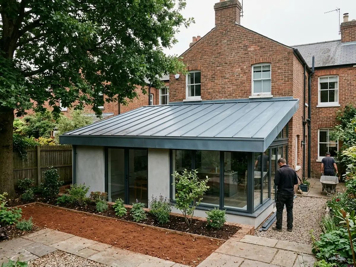 Gray zinc standing seam panels with a matte patina on a modern single-story addition behind a brick house